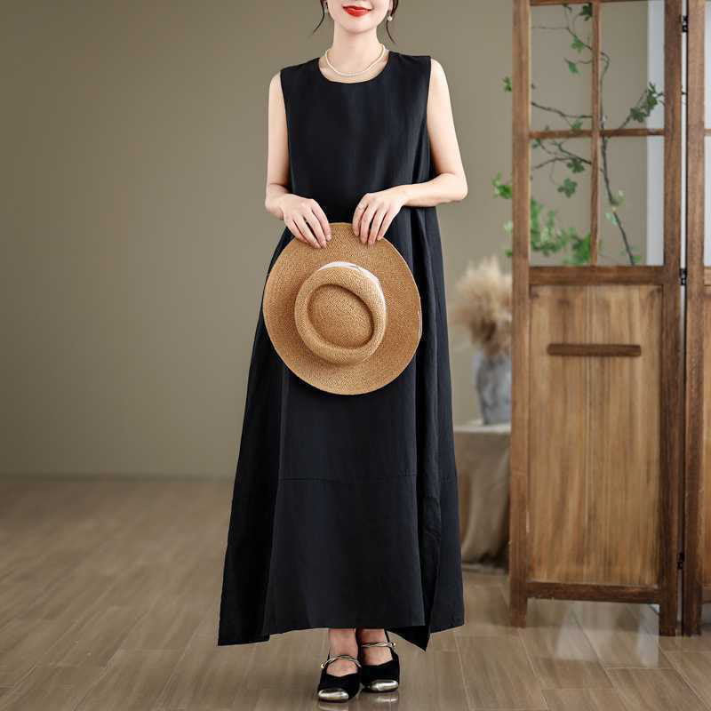 Robe mi-longue en coton et lin, unie, irrégulière, sans manches, avec poches, Buddha Stones Spring - Noir - US8-10，UK/AU12-14，EU40-42 (2XL) - image 10
