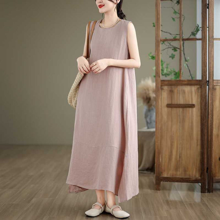 Robe mi-longue en coton et lin, unie, irrégulière, sans manches, avec poches, Buddha Stones Spring - image 18