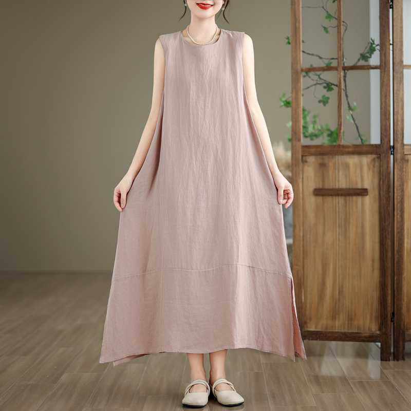 Robe mi-longue en coton et lin, unie, irrégulière, sans manches, avec poches, Buddha Stones Spring - image 17