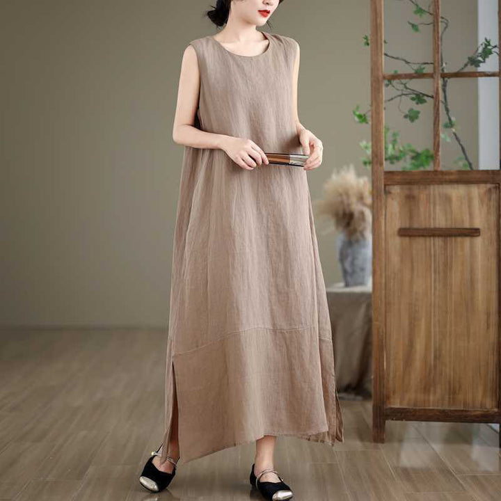Robe mi-longue en coton et lin, unie, irrégulière, sans manches, avec poches, Buddha Stones Spring - image 4