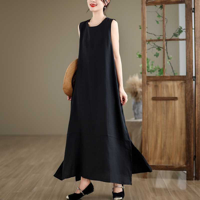 Robe mi-longue en coton et lin, unie, irrégulière, sans manches, avec poches, Buddha Stones Spring - image 11