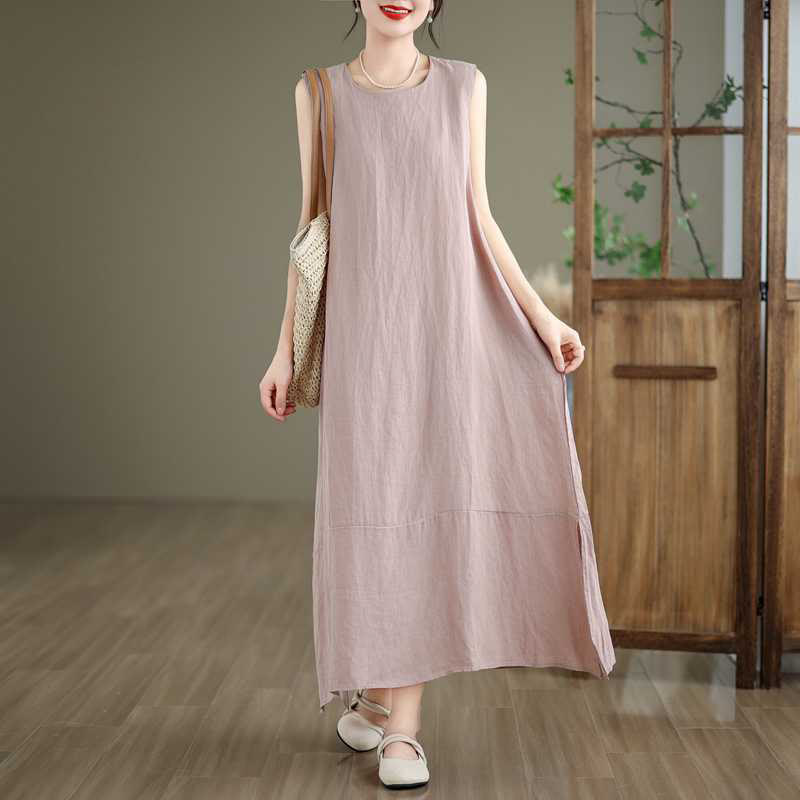 Robe mi-longue en coton et lin, unie, irrégulière, sans manches, avec poches, Buddha Stones Spring - image 19