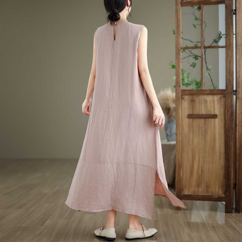 Robe mi-longue en coton et lin, unie, irrégulière, sans manches, avec poches, Buddha Stones Spring - image 20
