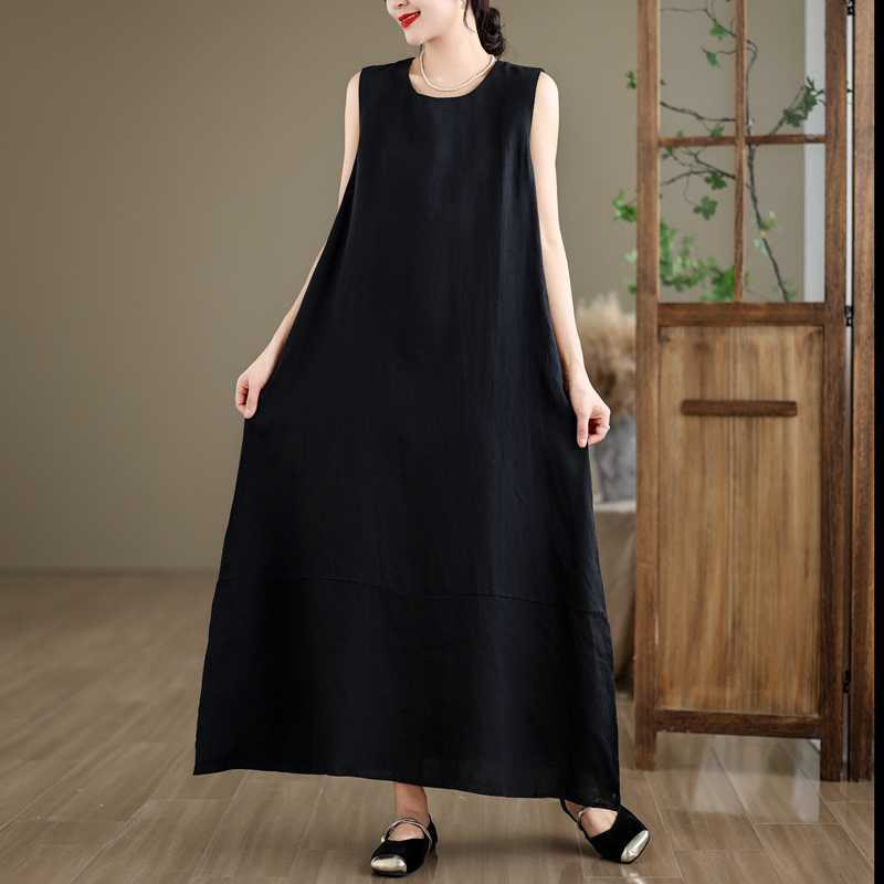Robe mi-longue en coton et lin, unie, irrégulière, sans manches, avec poches, Buddha Stones Spring - image 13