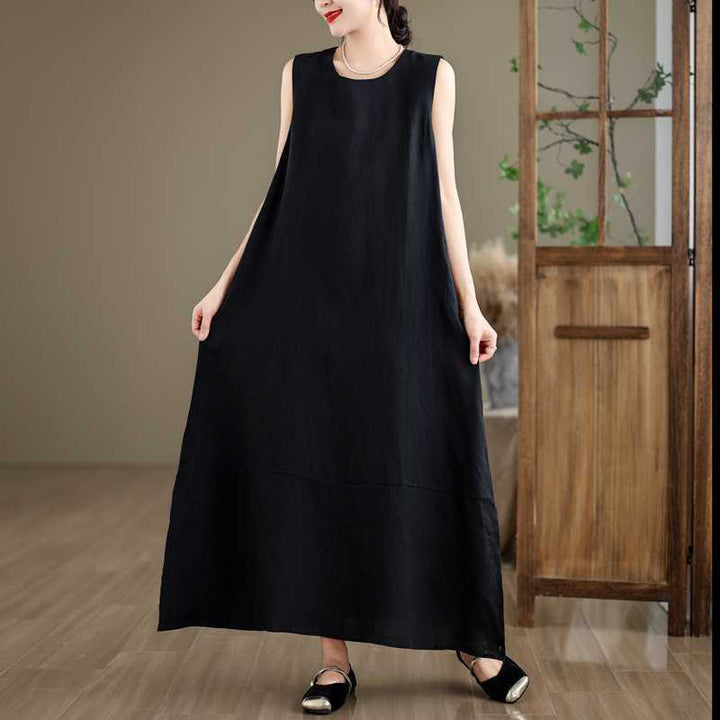 Robe mi-longue en coton et lin, unie, irrégulière, sans manches, avec poches, Buddha Stones Spring - image 13