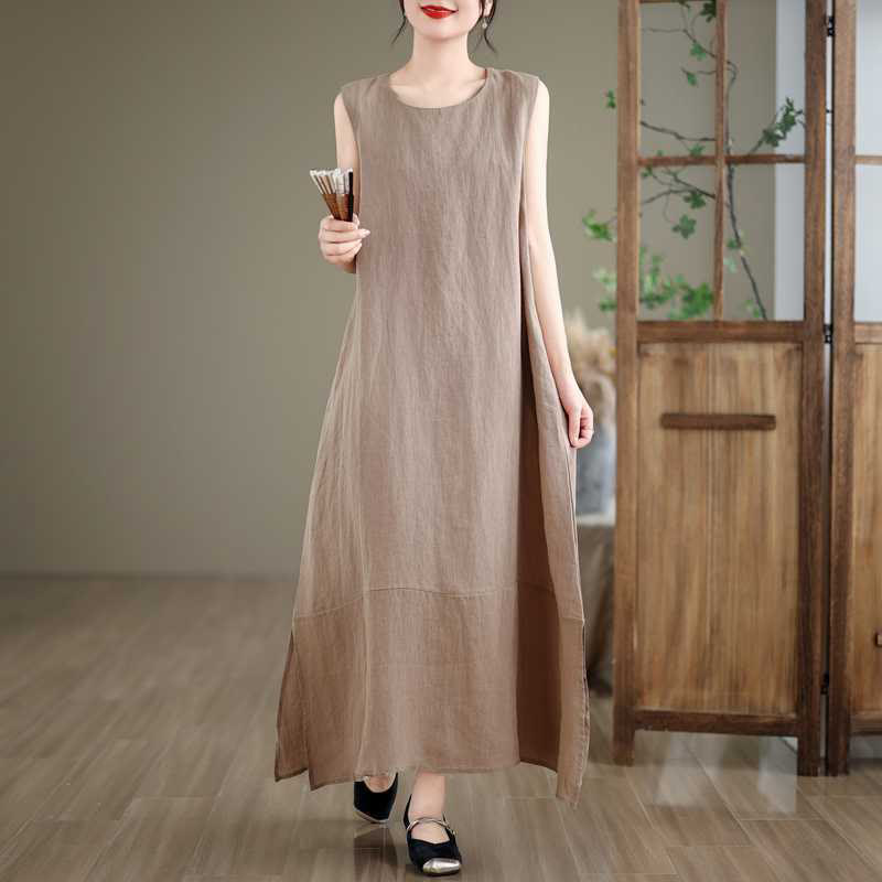 Robe mi-longue en coton et lin, unie, irrégulière, sans manches, avec poches, Buddha Stones Spring - Kaki foncé - US8-10，UK/AU12-14，EU40-42 (2XL) - image 0