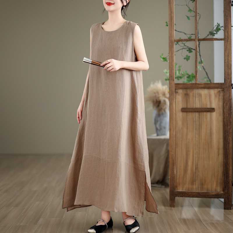 Robe mi-longue en coton et lin, unie, irrégulière, sans manches, avec poches, Buddha Stones Spring - image 1