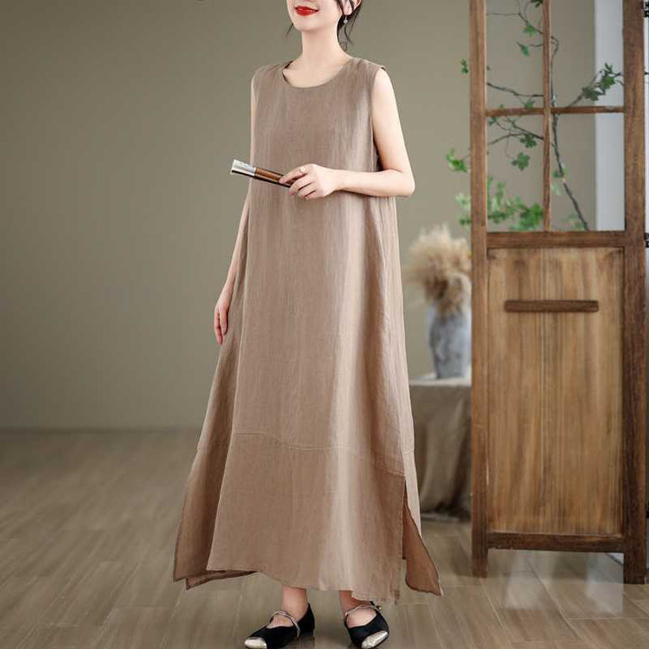 Robe mi-longue en coton et lin, unie, irrégulière, sans manches, avec poches, Buddha Stones Spring - image 1