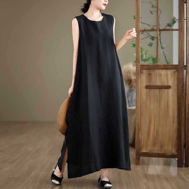 Robe mi-longue en coton et lin, unie, irrégulière, sans manches, avec poches, Buddha Stones Spring - image 12