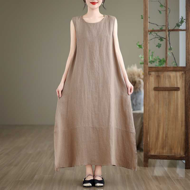 Robe mi-longue en coton et lin, unie, irrégulière, sans manches, avec poches, Buddha Stones Spring - image 2