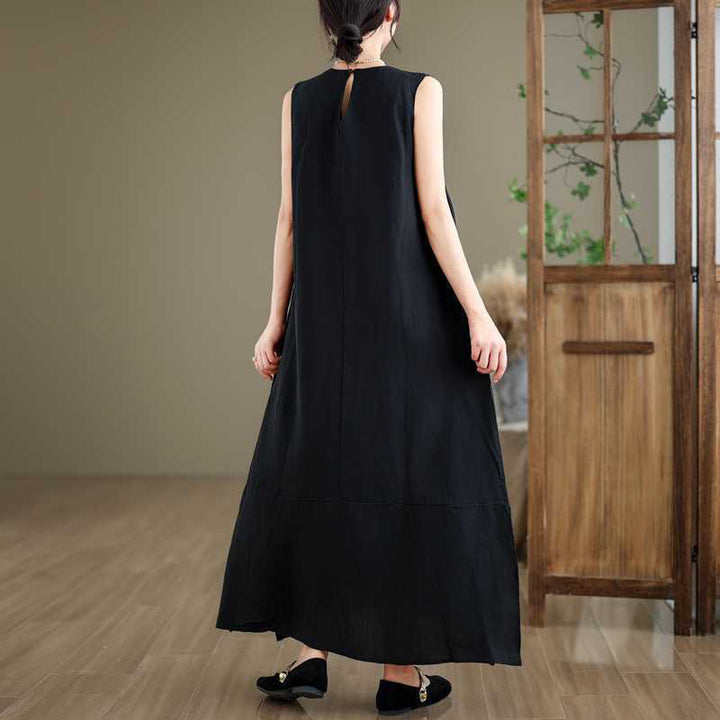 Robe mi-longue en coton et lin, unie, irrégulière, sans manches, avec poches, Buddha Stones Spring - image 14