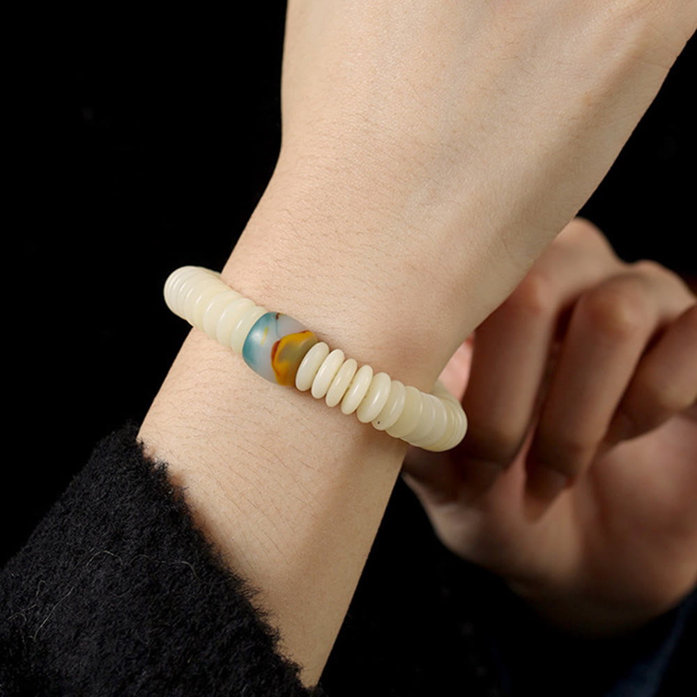 Bracelet Mala en Buddha Stones blanches naturelles, graines de Bodhi, sagesse, pompon