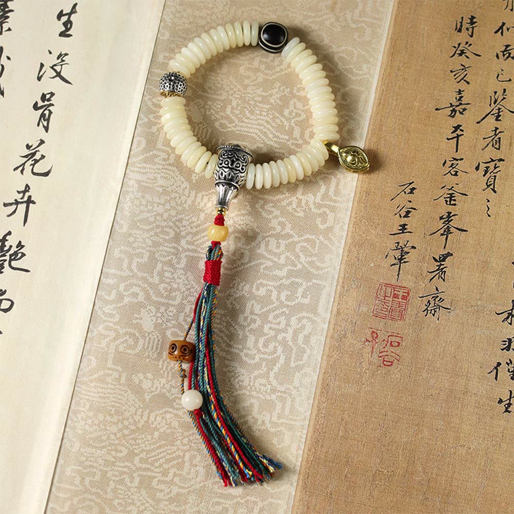 Bracelet Mala en Buddha Stones blanches naturelles, graines de Bodhi, sagesse, pompon