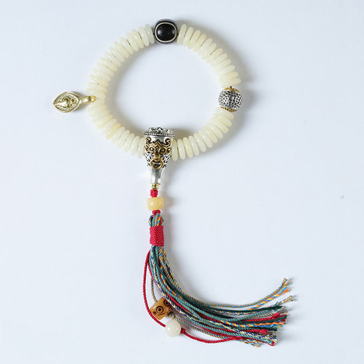 Bracelet Mala en Buddha Stones blanches naturelles, graines de Bodhi, sagesse, pompon