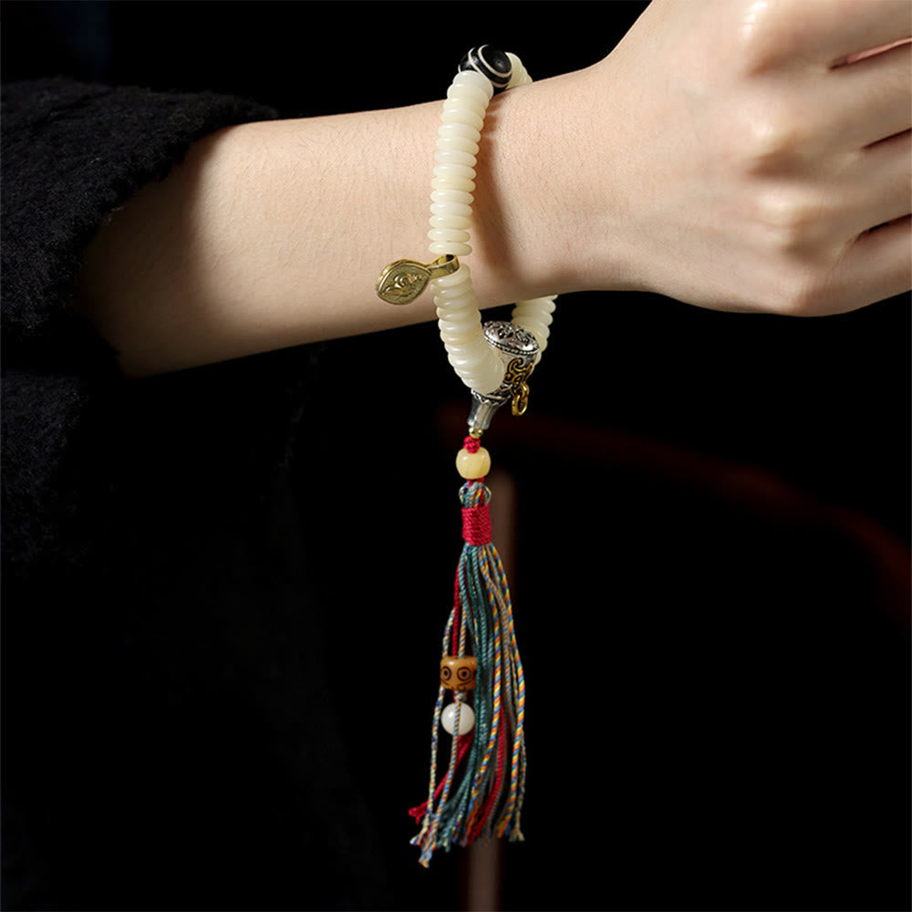 Bracelet Mala en Buddha Stones blanches naturelles, graines de Bodhi, sagesse, pompon