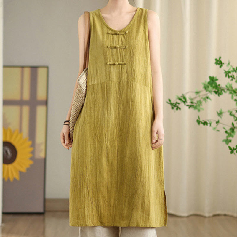 Robe mi-longue sans manches en lin ramie à boutons chinois et tie-dye Buddha Stones avec poches - Or - US8-10，UK/AU12-14，EU40-42 (2XL) - image 5