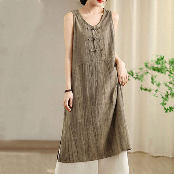 Robe mi-longue sans manches en lin ramie à boutons chinois et tie-dye Buddha Stones avec poches - image 13