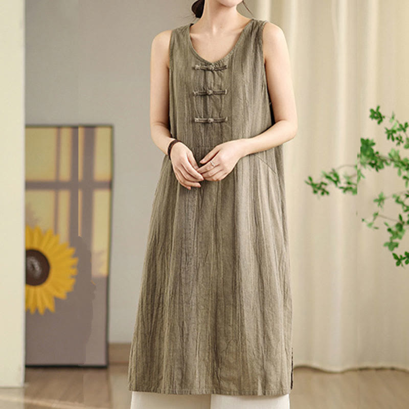 Robe mi-longue sans manches en lin ramie à boutons chinois et tie-dye Buddha Stones avec poches - image 10