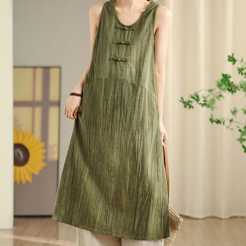 Robe mi-longue sans manches en lin ramie à boutons chinois et tie-dye Buddha Stones avec poches - OliveDrab - US8-10，UK/AU12-14，EU40-42 (2XL) - image 0
