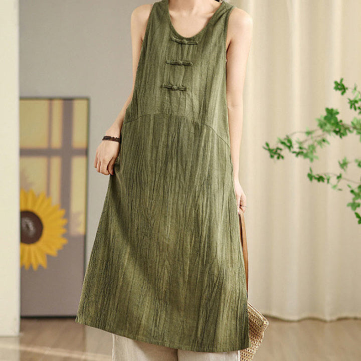 Robe mi-longue sans manches en lin ramie à boutons chinois et tie-dye Buddha Stones avec poches - OliveDrab - US8-10，UK/AU12-14，EU40-42 (2XL) - image 0