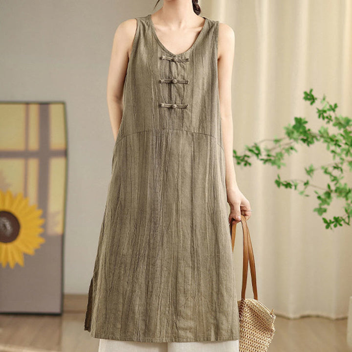 Robe mi-longue sans manches en lin ramie à boutons chinois et tie-dye Buddha Stones avec poches - image 11