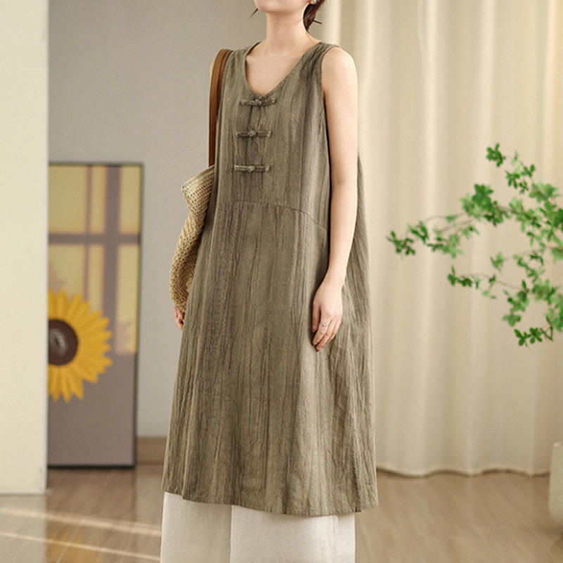 Robe mi-longue sans manches en lin ramie à boutons chinois et tie-dye Buddha Stones avec poches - DarkKhaki - US8-10，UK/AU12-14，EU40-42 (2XL) - image 9