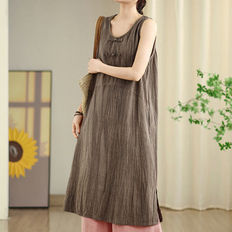 Robe mi-longue sans manches en lin ramie à boutons chinois et tie-dye Buddha Stones avec poches - Tanné - US8-10，UK/AU12-14，EU40-42 (2XL) - image 18