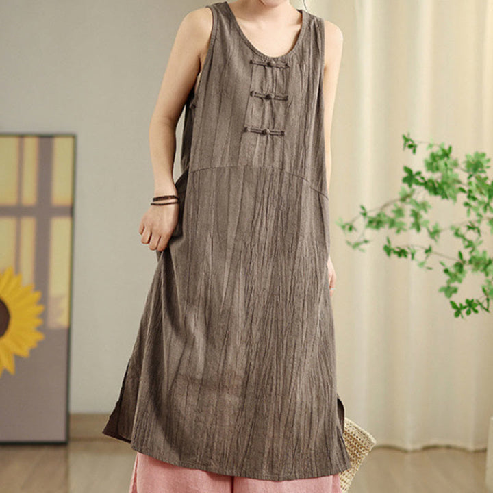 Robe mi-longue sans manches en lin ramie à boutons chinois et tie-dye Buddha Stones avec poches - image 20