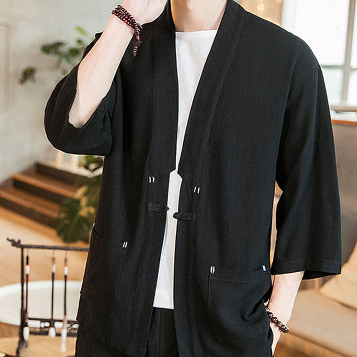 Veste en coton et lin à boutons grenouille chinois uni Buddha Stones , kimono à manches trois-quarts pour homme - image 10