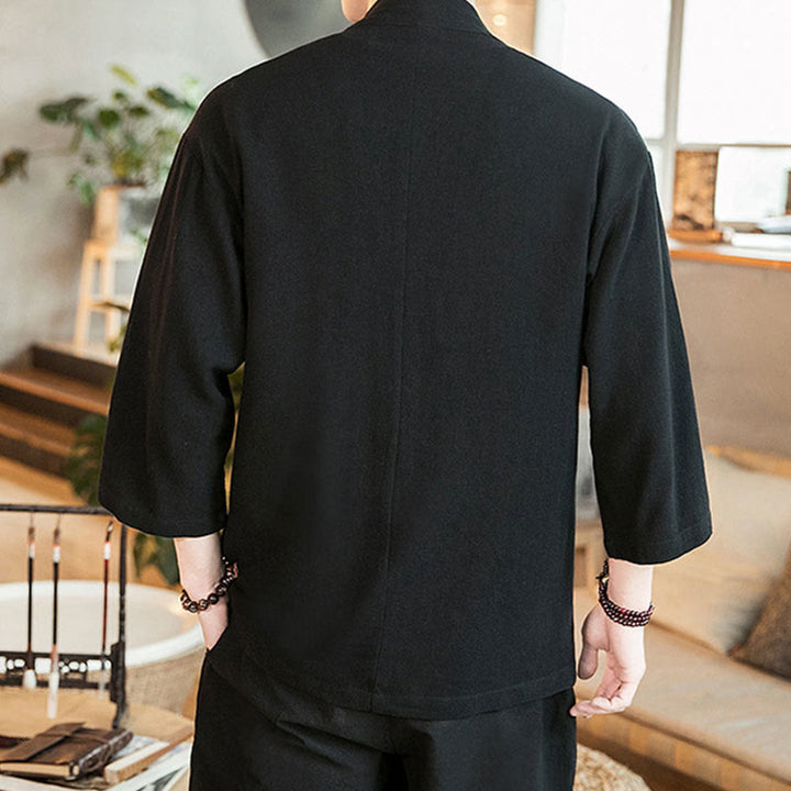 Veste en coton et lin à boutons grenouille chinois uni Buddha Stones , kimono à manches trois-quarts pour homme - image 12