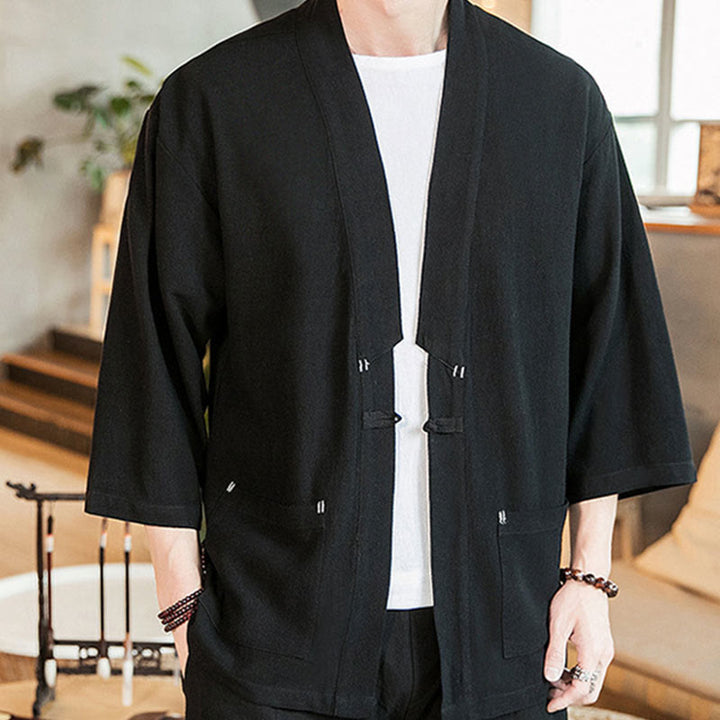 Veste en coton et lin à boutons grenouille chinois uni Buddha Stones , kimono à manches trois-quarts pour homme - image 9