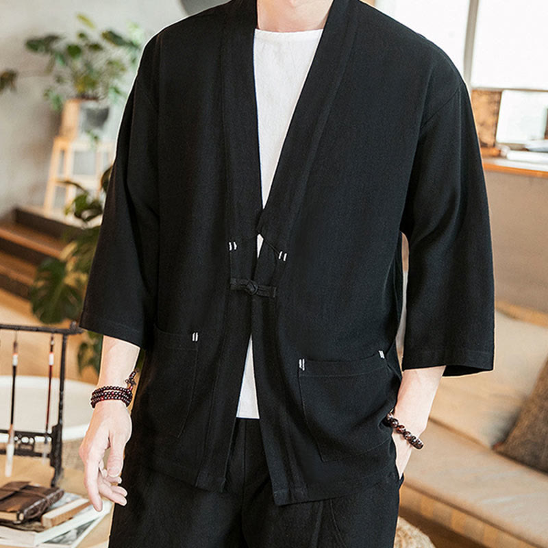 Veste en coton et lin à boutons grenouille chinois uni Buddha Stones , kimono à manches trois-quarts pour homme - image 11