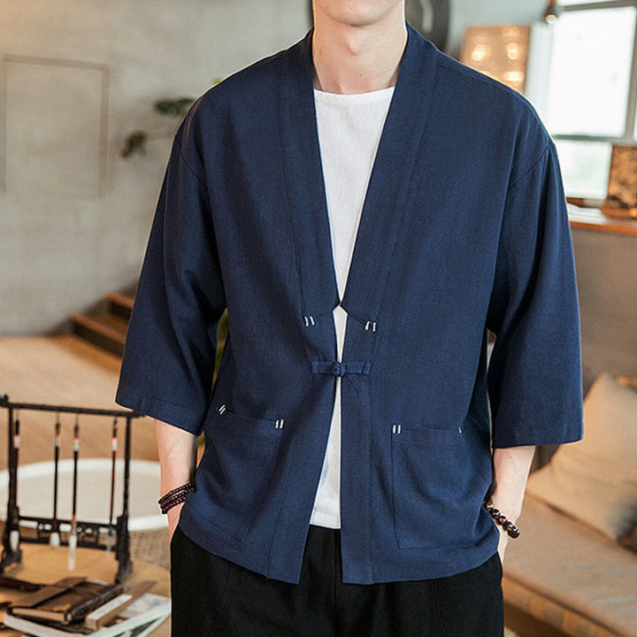 Veste en coton et lin à boutons grenouille chinois uni Buddha Stones , kimono à manches trois-quarts pour homme - Marine - US/UK/AU46，EU56 (5XL) - image 0
