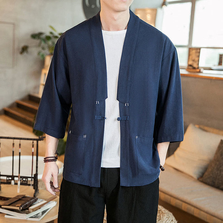 Veste en coton et lin à boutons grenouille chinois uni Buddha Stones , kimono à manches trois-quarts pour homme - image 2