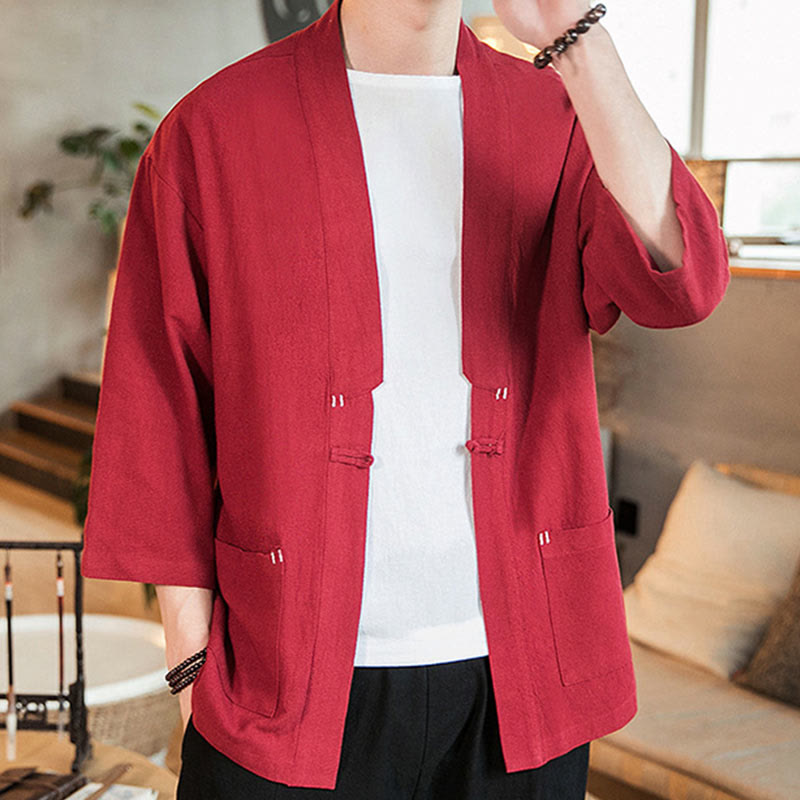 Veste en coton et lin à boutons grenouille chinois uni Buddha Stones , kimono à manches trois-quarts pour homme - image 27
