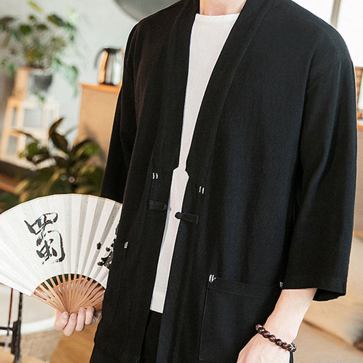 Veste en coton et lin à boutons grenouille chinois uni Buddha Stones , kimono à manches trois-quarts pour homme - image 14