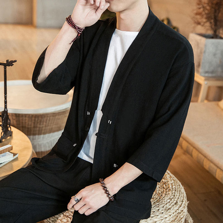Veste en coton et lin à boutons grenouille chinois uni Buddha Stones , kimono à manches trois-quarts pour homme - Noir - US/UK/AU46，EU56 (5XL) - image 8