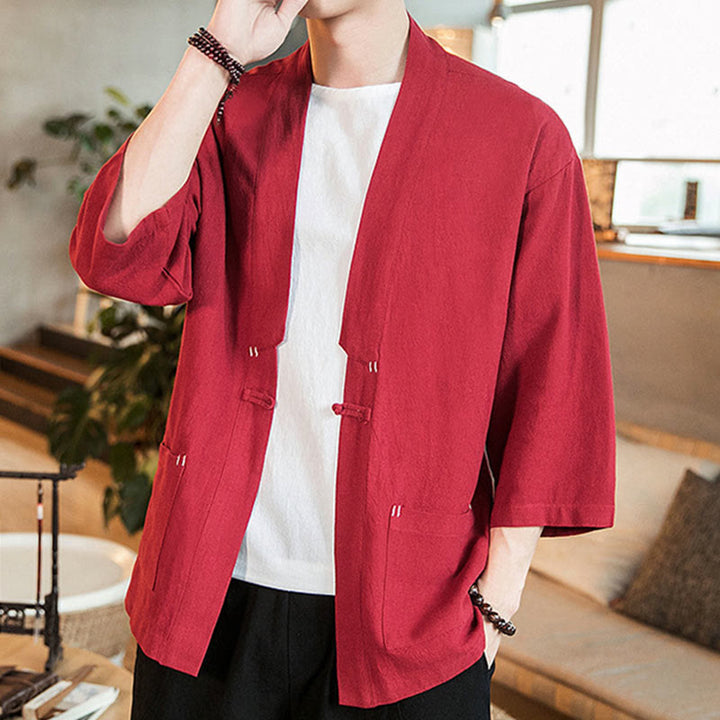 Veste en coton et lin à boutons grenouille chinois uni Buddha Stones , kimono à manches trois-quarts pour homme - image 23