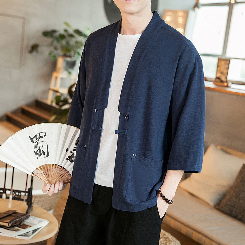 Veste en coton et lin à boutons grenouille chinois uni Buddha Stones , kimono à manches trois-quarts pour homme - image 6