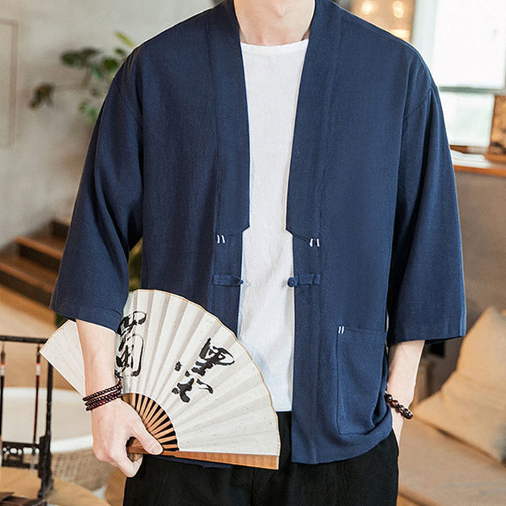 Veste en coton et lin à boutons grenouille chinois uni Buddha Stones , kimono à manches trois-quarts pour homme - image 5