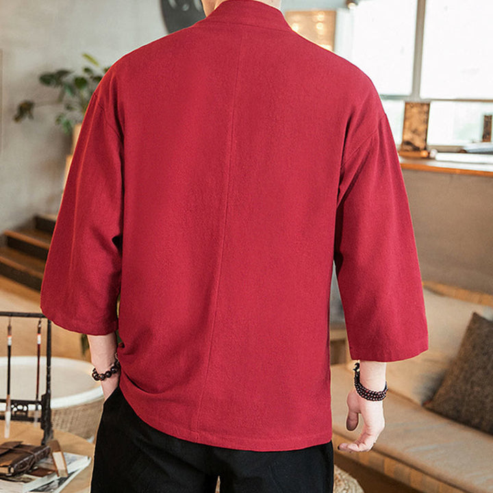 Veste en coton et lin à boutons grenouille chinois uni Buddha Stones , kimono à manches trois-quarts pour homme - image 26