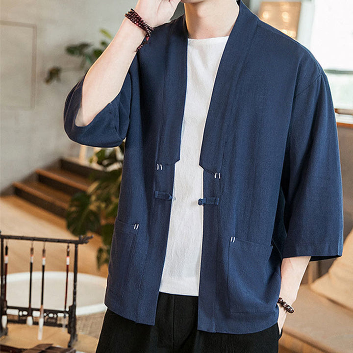 Veste en coton et lin à boutons grenouille chinois uni Buddha Stones , kimono à manches trois-quarts pour homme - image 1