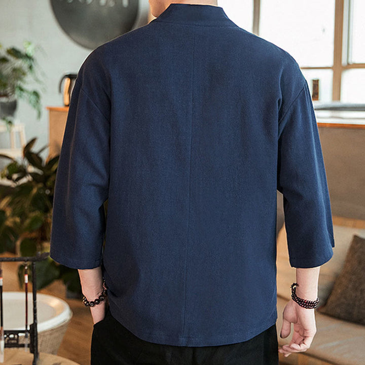 Veste en coton et lin à boutons grenouille chinois uni Buddha Stones , kimono à manches trois-quarts pour homme - image 3