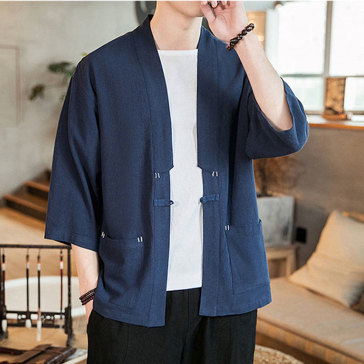 Veste en coton et lin à boutons grenouille chinois uni Buddha Stones , kimono à manches trois-quarts pour homme - image 4