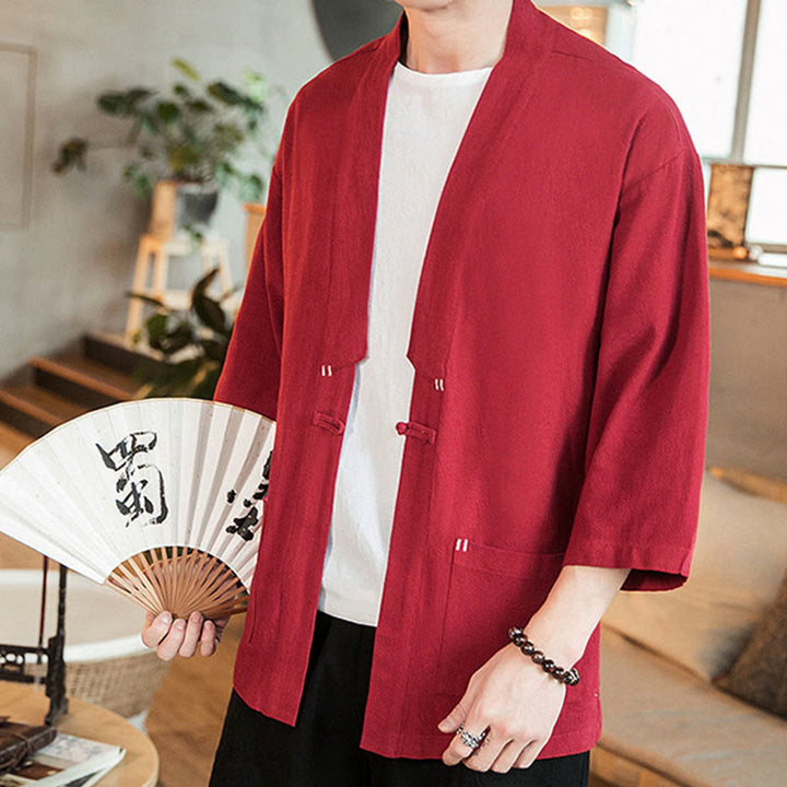 Veste en coton et lin à boutons grenouille chinois uni Buddha Stones , kimono à manches trois-quarts pour homme - image 21