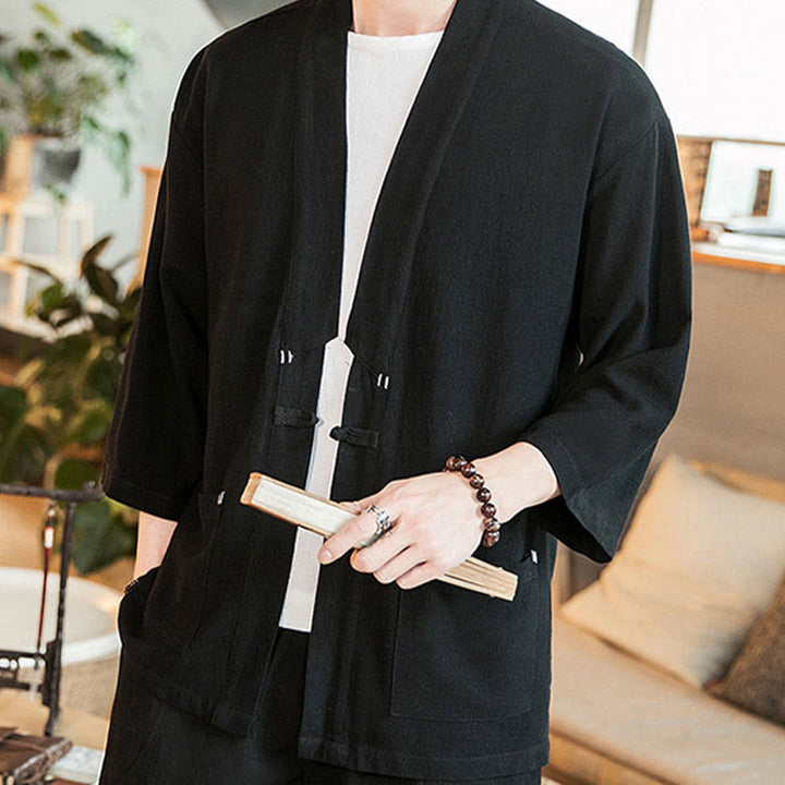 Veste en coton et lin à boutons grenouille chinois uni Buddha Stones , kimono à manches trois-quarts pour homme - image 13