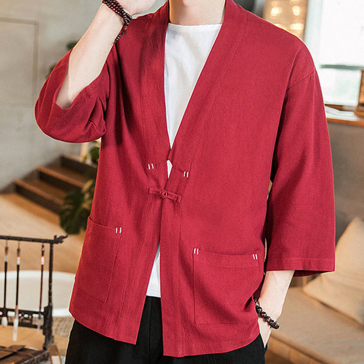 Veste en coton et lin à boutons grenouille chinois uni Buddha Stones , kimono à manches trois-quarts pour homme - image 22