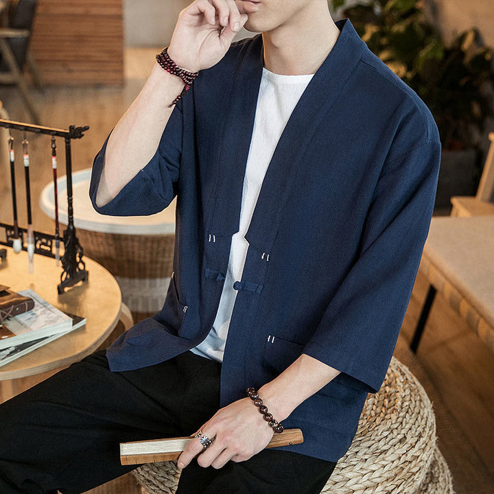 Veste en coton et lin à boutons grenouille chinois uni Buddha Stones , kimono à manches trois-quarts pour homme - image 7