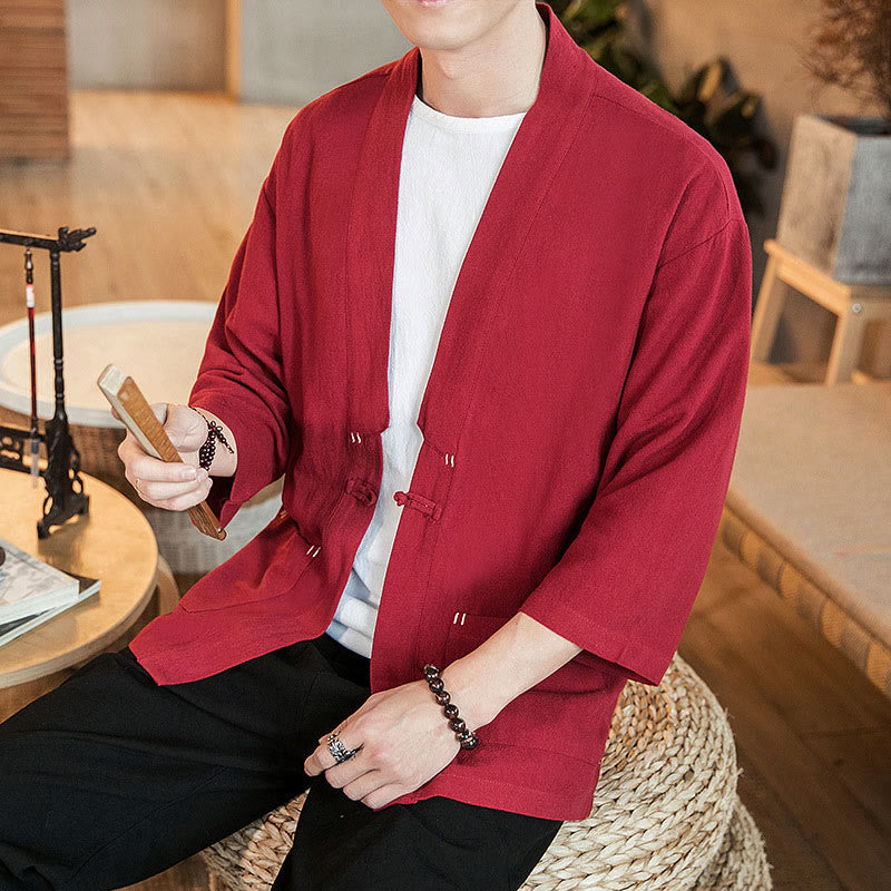Veste en coton et lin à boutons grenouille chinois uni Buddha Stones , kimono à manches trois-quarts pour homme - Cramoisi - US/UK/AU46，EU56 (5XL) - image 20