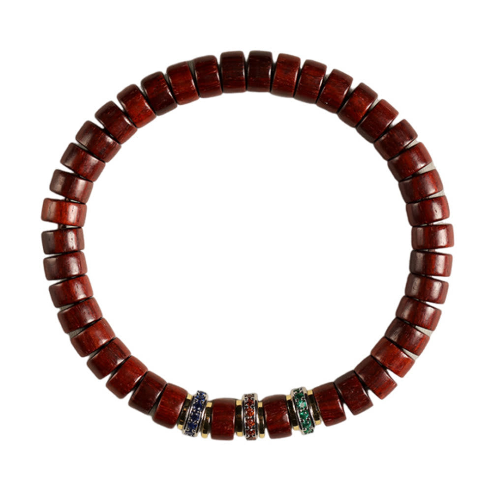 Bracelet de paix en bois d' Buddha Stones et petites feuilles de santal rouge et zircon